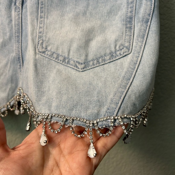 Bershka Light Wash Denim Mini Skirt with Rhinestone Fringe - Picture 6 of 9